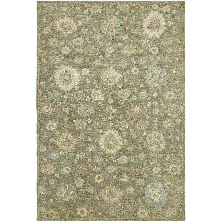 Charlton Home® Manila Floral Handmade Tufted Wool Green/Beige Area Rug
